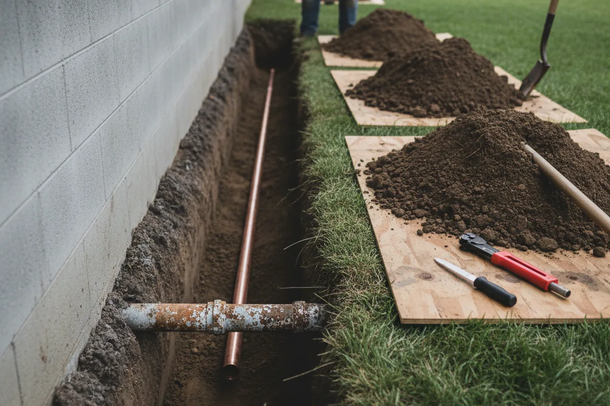 Excavated water line trench during Sewer Line Repair in Kahului